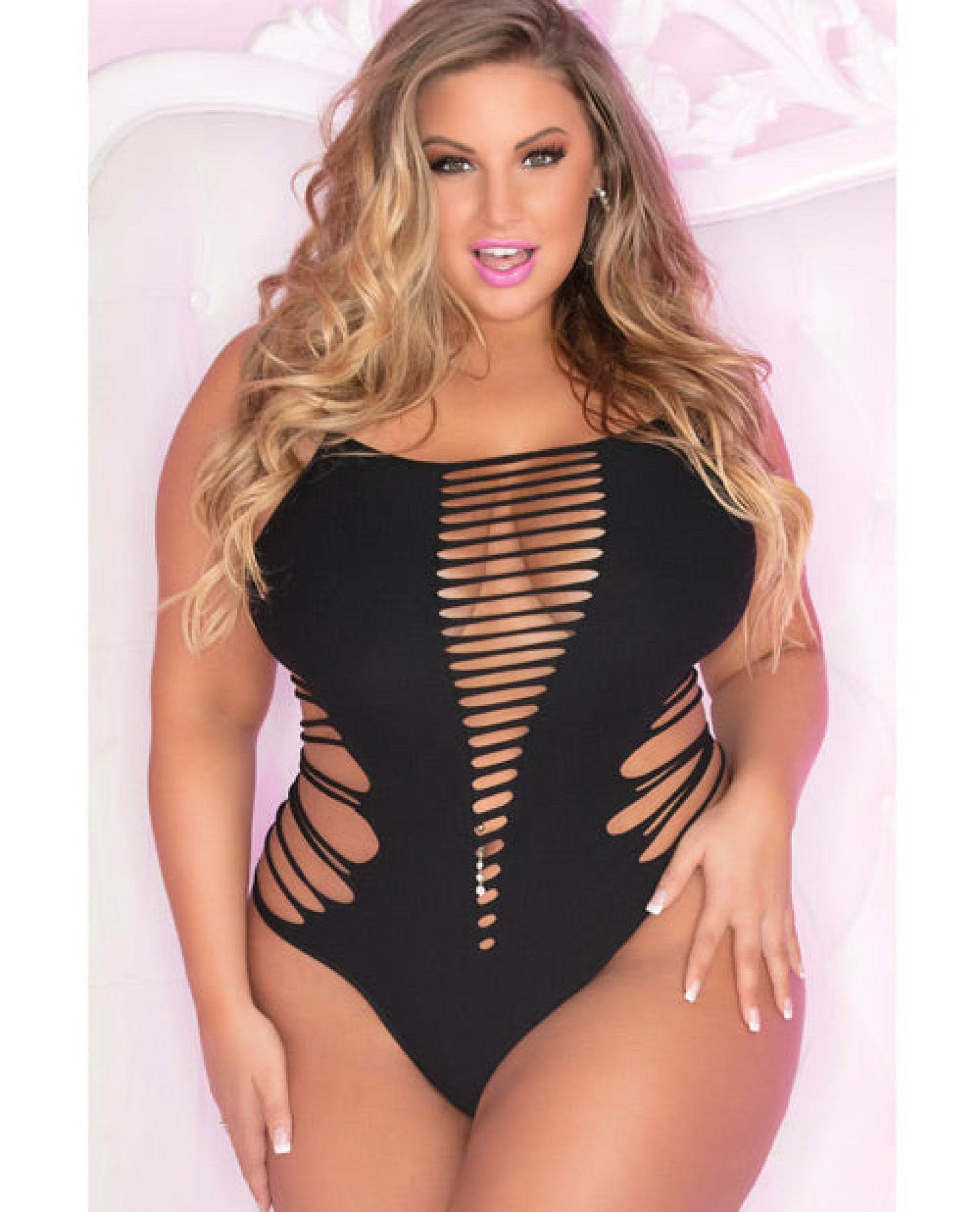 Pink Lipstick Slice & Dice Seamless Bodysuit Black Fits Up To 2x - SEX LOVE DOLLS